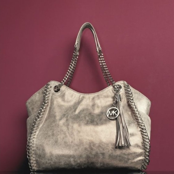 Michael Kors Handbag Women L Chelsea Metallic Tan Whipstitch Tassel Shoulder Bag - Picture 2 of 16